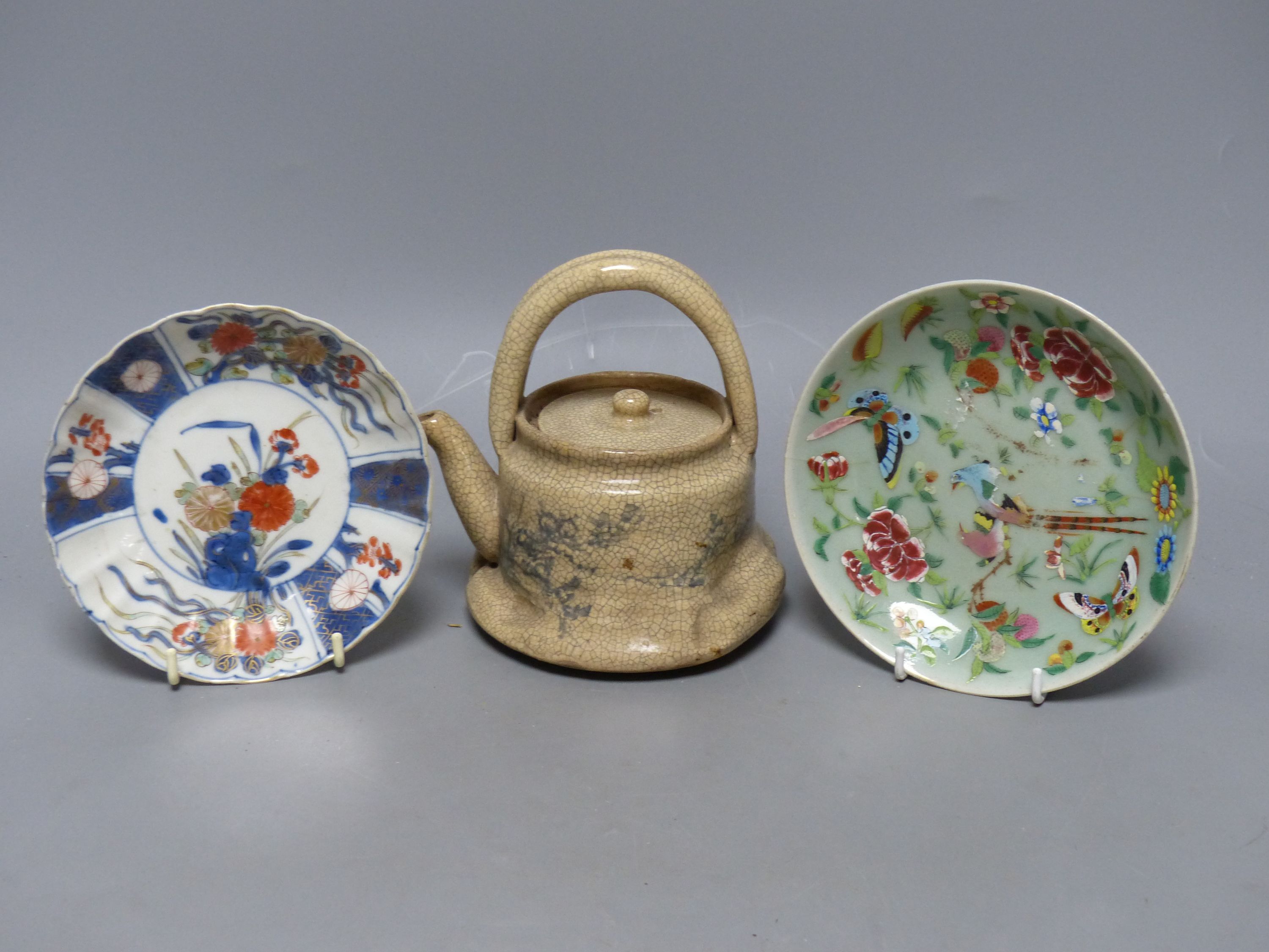 Chinese Imari pattern dishes, two others, a teapot, height 15cm, and a pottery bowl